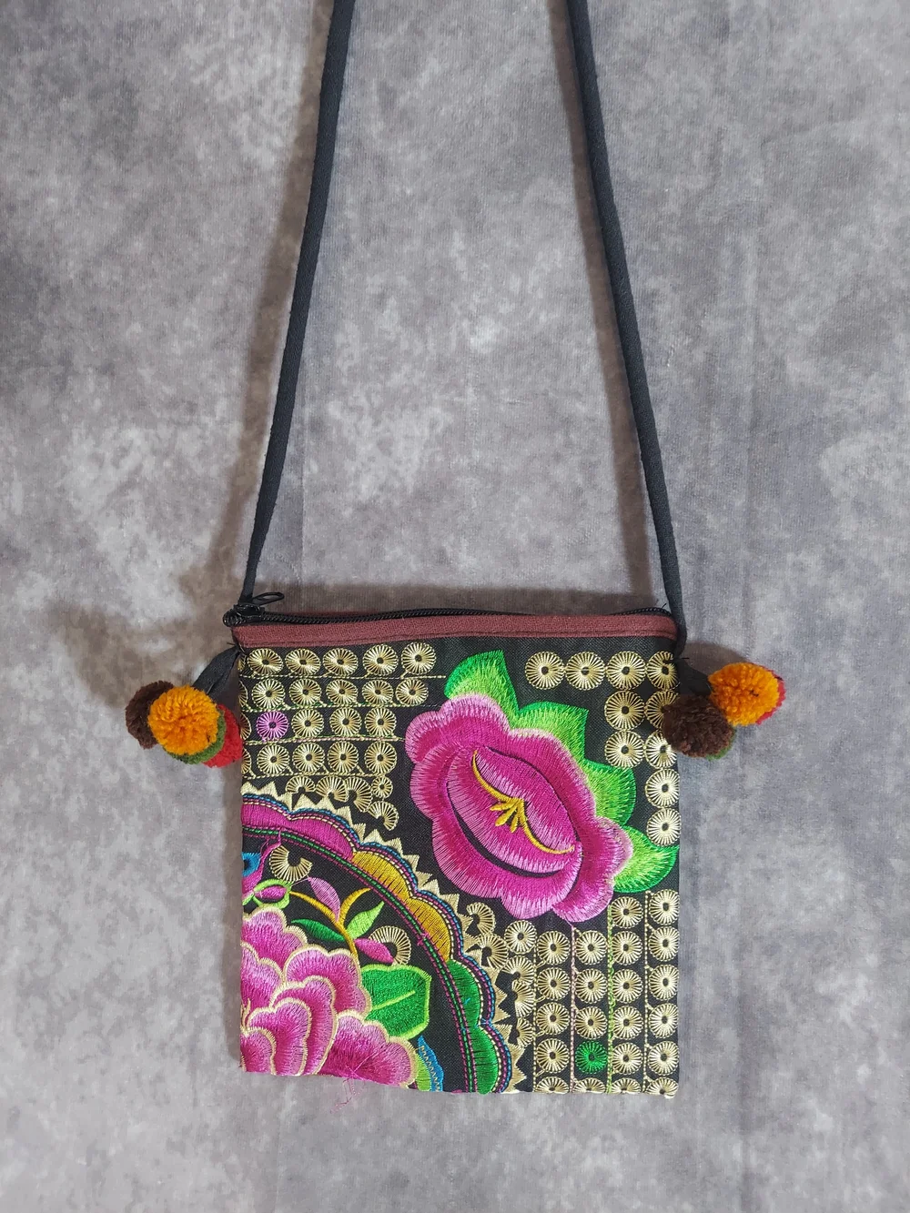 Thai Floral Embroidered Zip Pouch Bag with Colorful Pom-Poms 7x7